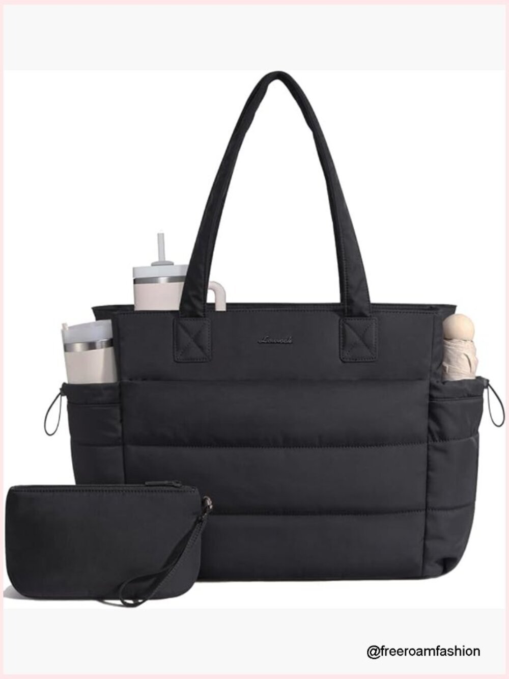 Puffer Tote Bag with Tumbler Holder, Laptop Handbag for Work Travel